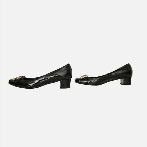 Gucci Black Patent Leather Gold Tone Bow Buckle Low Heel Pumps Shoes - Picture 6 of 10